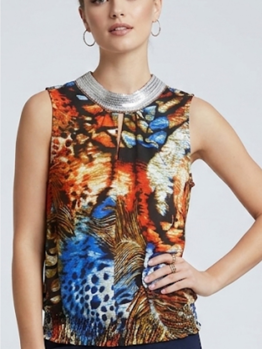 Embellished Metallic-Neck Printed Shell Top - Multi Color